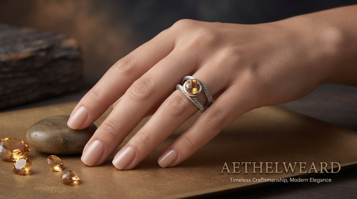 Anillo de acero y oro con piedra amarilla