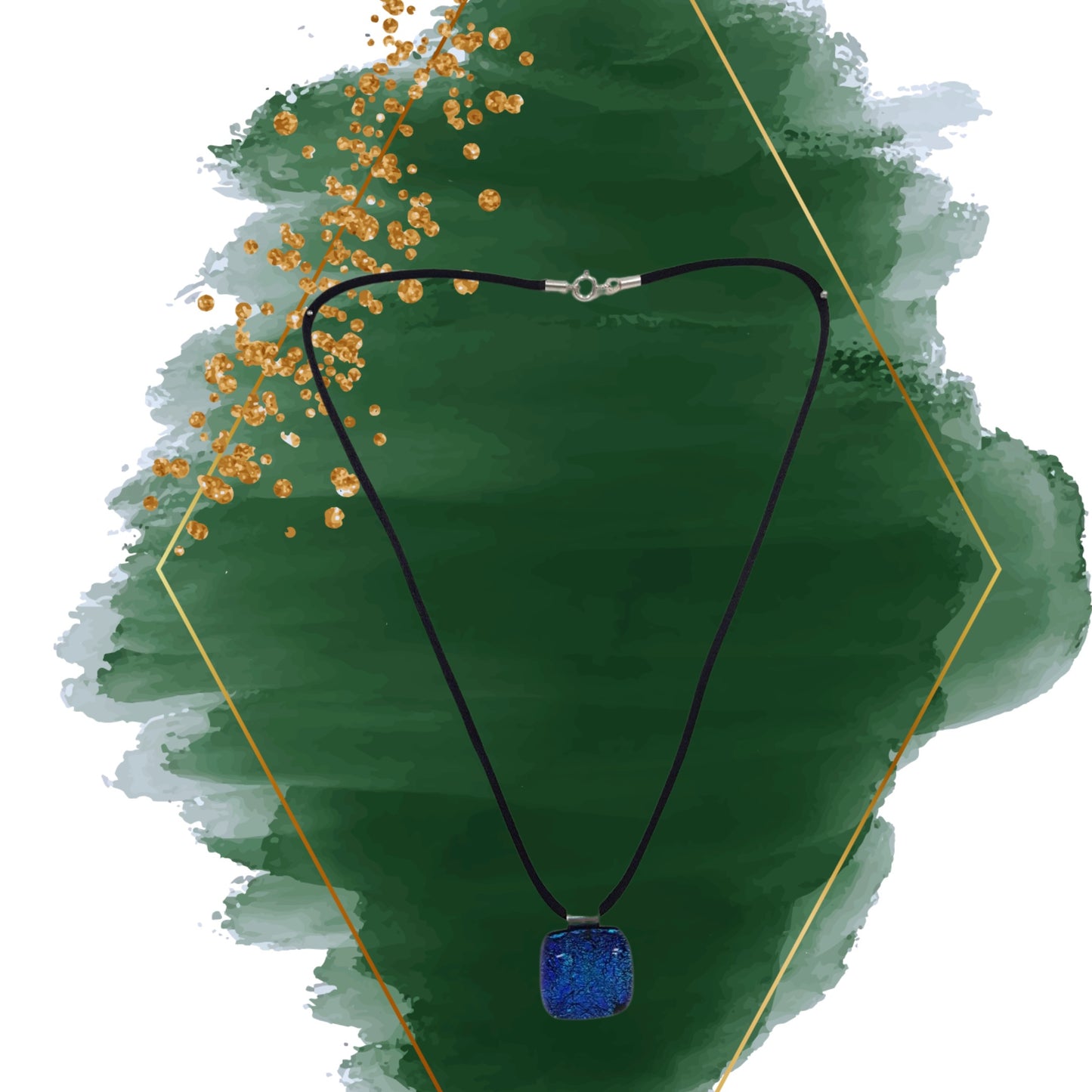 Gargantilla Artesanalmente Echa en Vidrio en color Azul y Con Relieves en Varios Colores y Terminada en Plata de Ley