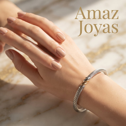 Pulsera de Acero con Incrustación de Oro en la Mitad | Bicolor Elegante