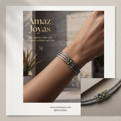 Brazalete de acero y oro con piedras azules y verdes