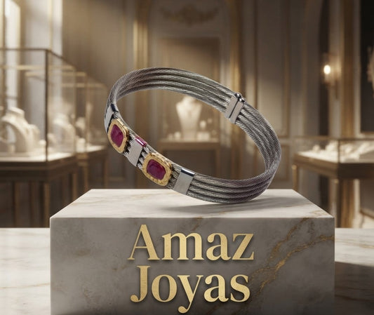 Pulsera de Acero  con Incrustación  2 Piedras Preciosas en Color Rosa