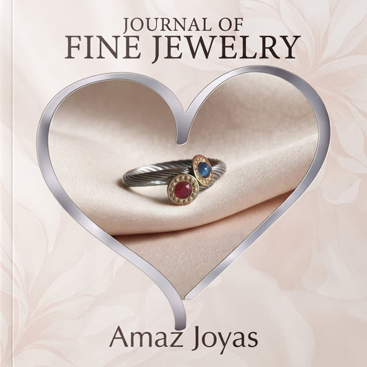 Anillo de acero y oro de 18k con dos gemas preciosas en color azul y rojo brillante.